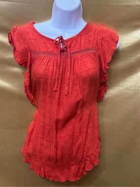 OHMG Boho Geometric Print Flutter Sleeve Blouse - Orange, Size XS